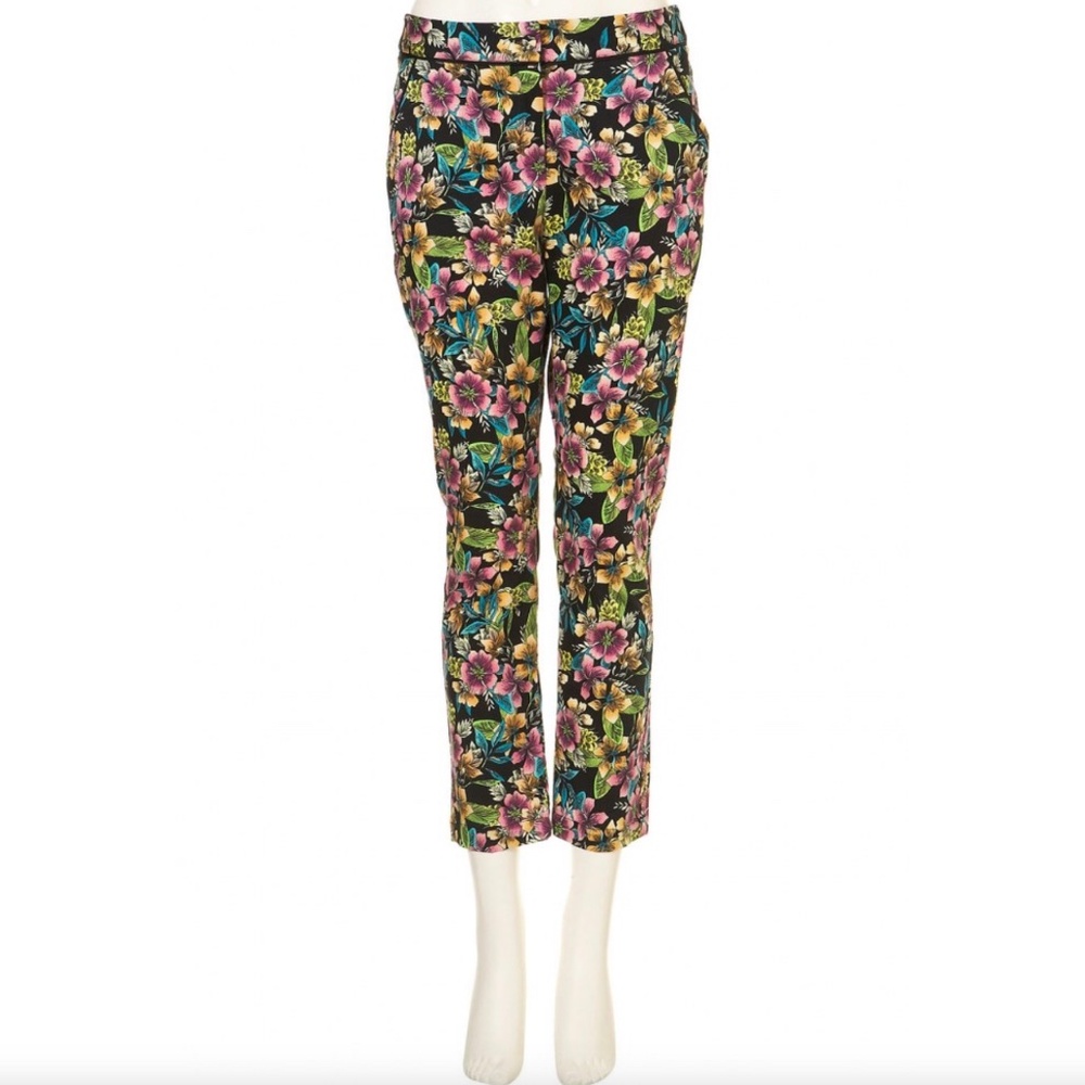 Topshop Floral Stretch Cotton Capri Trousers Cropped Pants Black Multi Size 4
